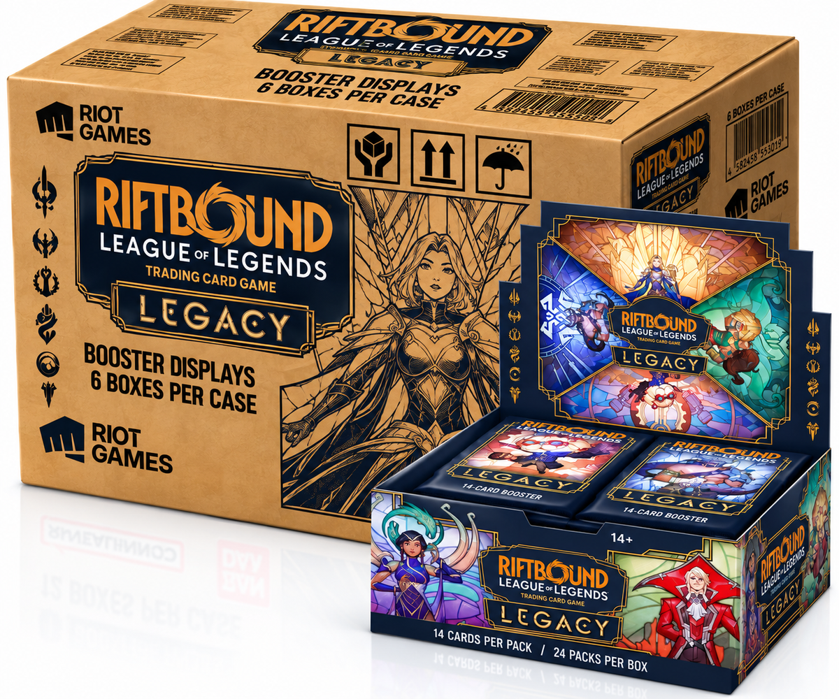 Riftbound League of Legends TCG Legacy sealed case with 6 English booster displays